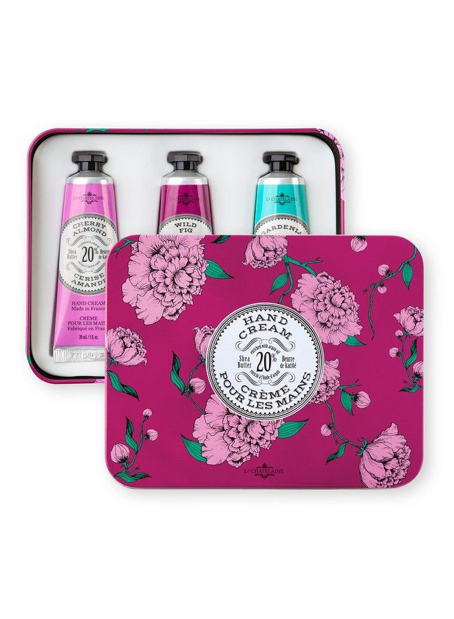 Hand Cream Trio Tin Gift Set Valentines Day Gift For Her Plantbased Made In France With 20% Organic Shea Butter & Argan Oil 3 X 1 Fl Oz (Cherry Almond Wild Fig & Gardenia)