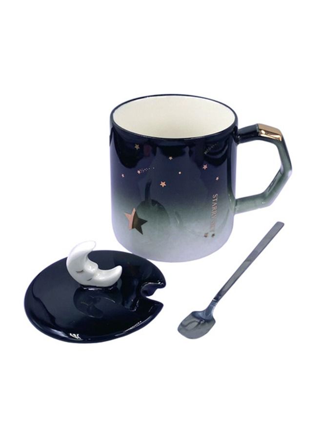 Three Pieces Star Printed Ceramic Coffee Mug with Moon Cups Lid and Spoon