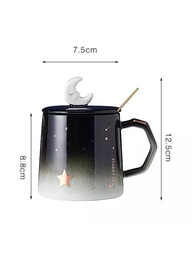 Three Pieces Star Printed Ceramic Coffee Mug with Moon Cups Lid and Spoon