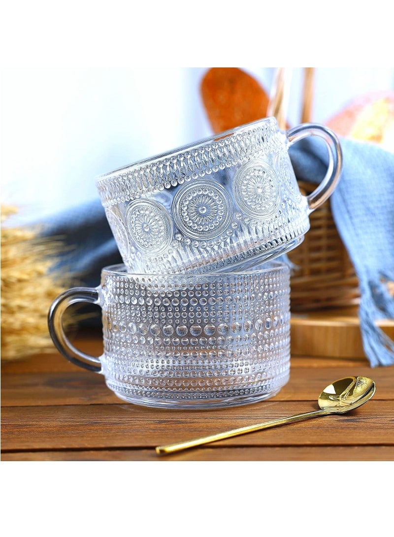 Set of 4 Vintage Clear Iced Embossed Glass Coffee Mugs Tea Cups with Lids and Spoons