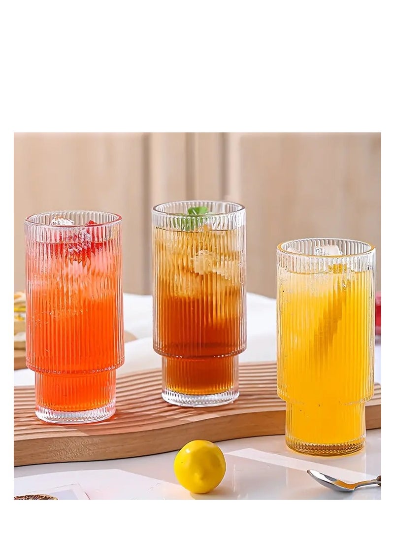 Ribbed Drinking Glasses with Glass Straws 330 ML (Set of 4)