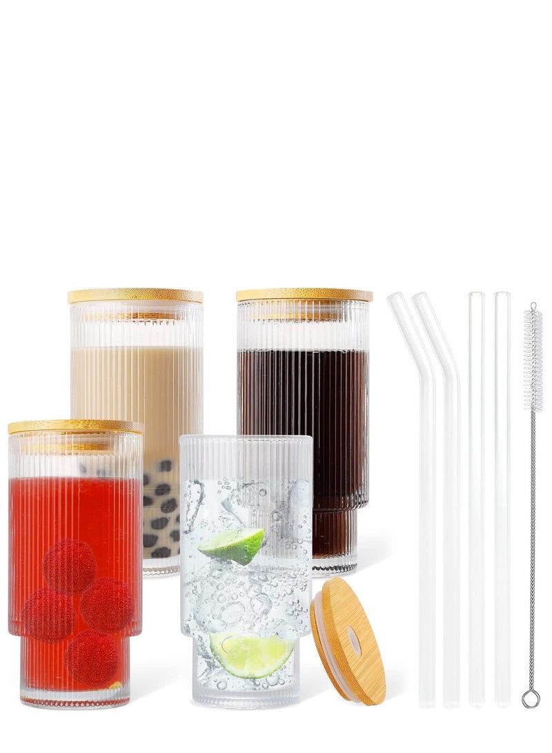Borosilicate Ribbe Drinking Glasses with Glass Straws and Bamboo Lid 450 ML ,Set of 4.