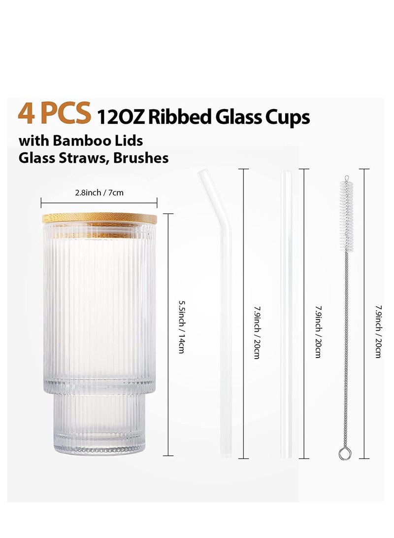 Borosilicate Ribbe Drinking Glasses with Glass Straws and Bamboo Lid 450 ML ,Set of 4.