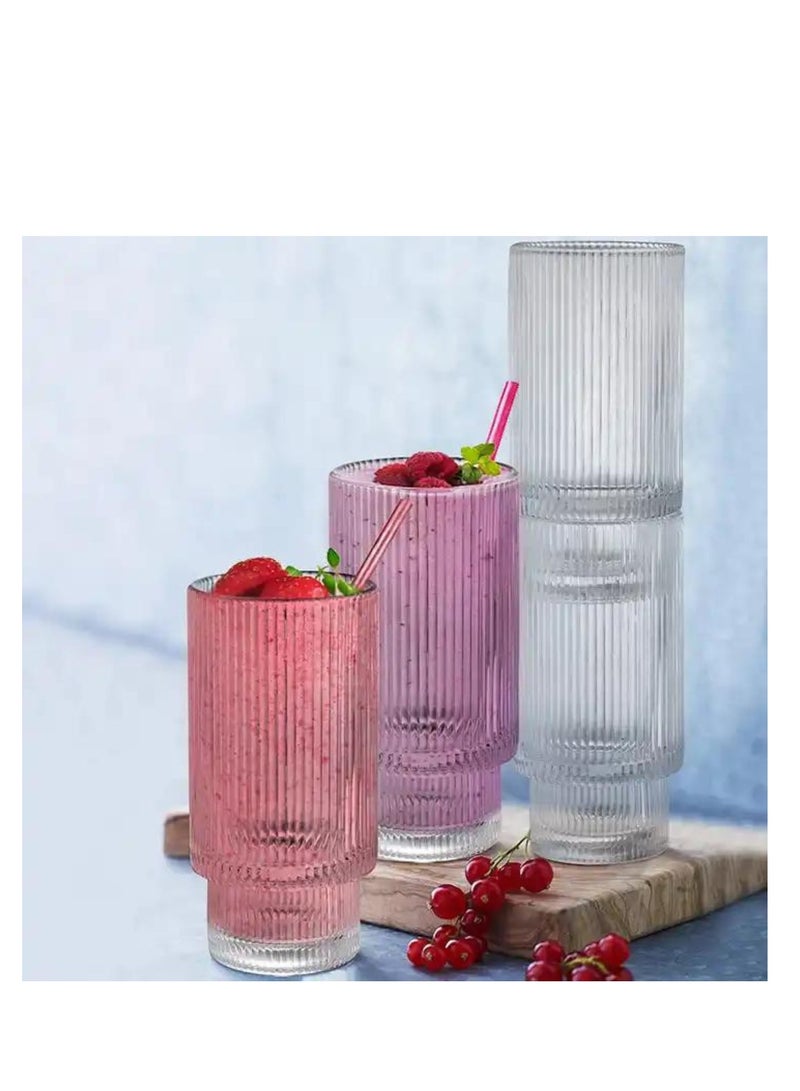 Borosilicate Ribbe Drinking Glasses with Glass Straws and Bamboo Lid 450 ML ,Set of 4.