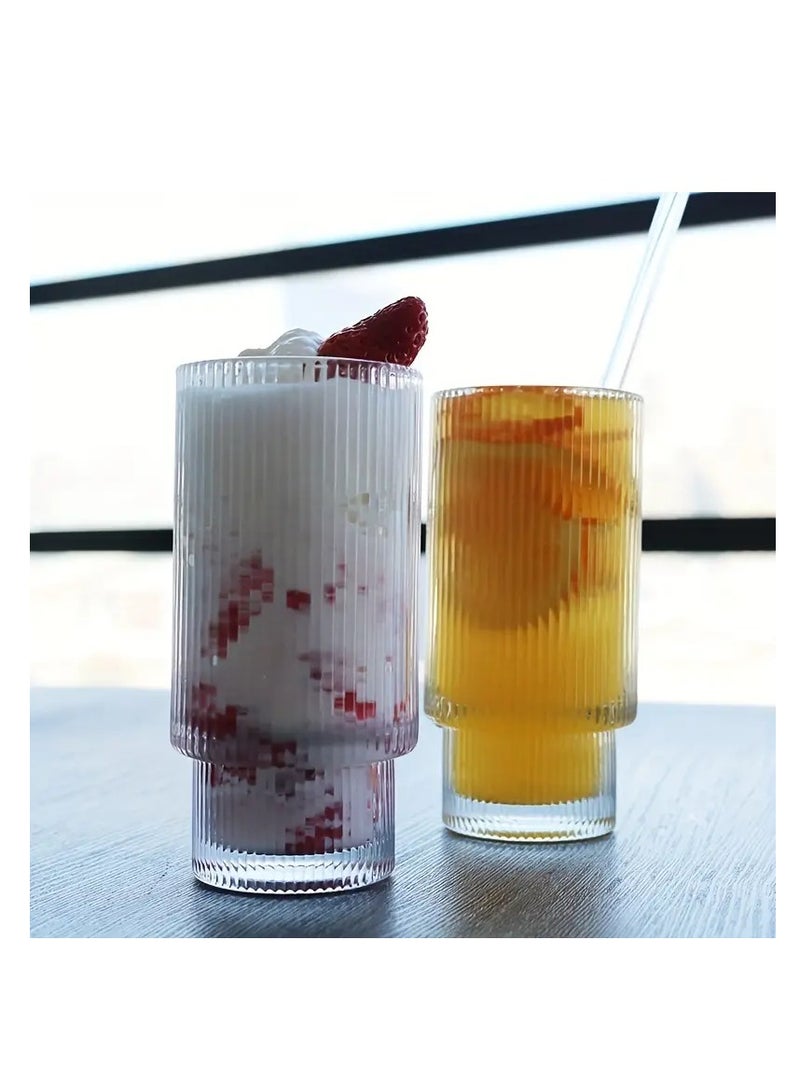 Borosilicate Ribbe Drinking Glasses with Glass Straws and Bamboo Lid 450 ML ,Set of 4.
