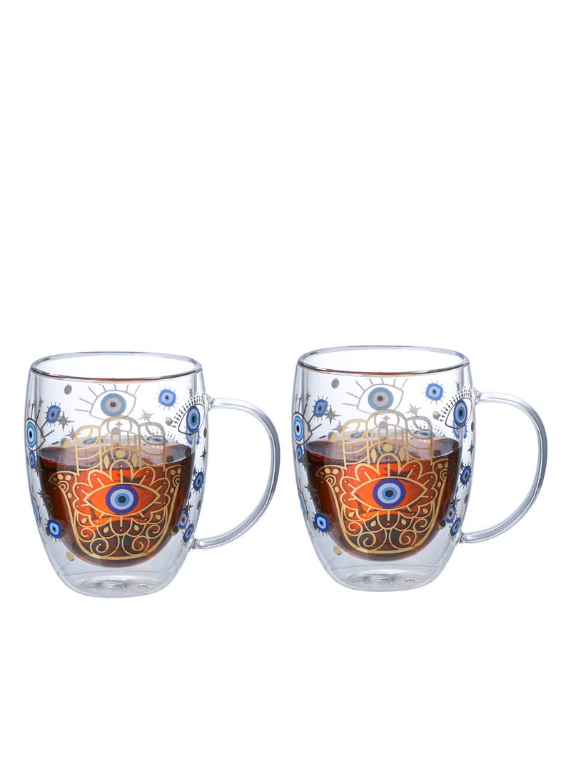 Borosilicate Evil Eye Printed Double Wall Glass with Handle and Straw 350 ML (Set of 2)