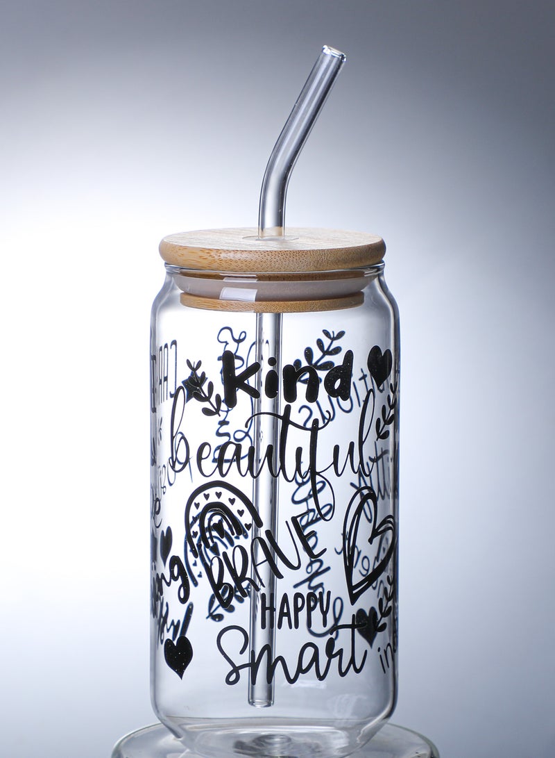 Borosilicate Positive Quote Printed Drinking Glasses With Bamboo Lid and Glass Straw and Cleaning Brush 350 ML (Set of 2)
