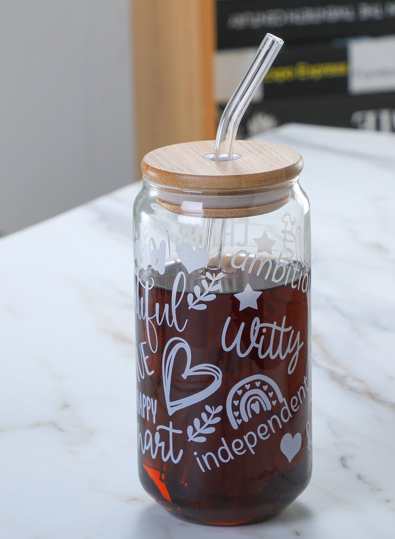Borosilicate Positive Quote Printed Drinking Glasses With Bamboo Lid and Glass Straw and Cleaning Brush 350 ML (Set of 2)