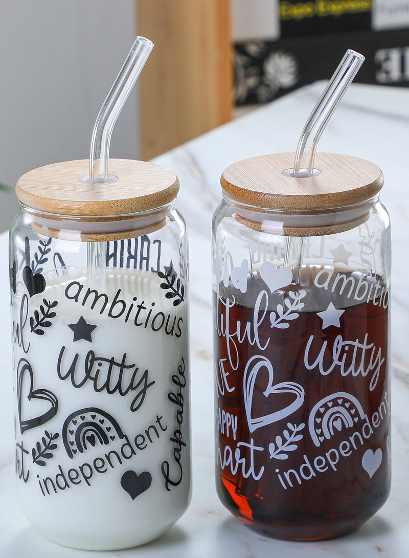 Borosilicate Positive Quote Printed Drinking Glasses With Bamboo Lid and Glass Straw and Cleaning Brush 350 ML (Set of 2)