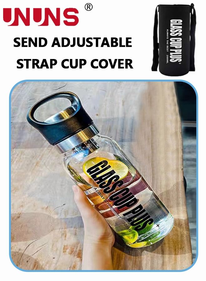 Glass Water Bottle,2000ML Portable Glass Drinking Bottle With Handle And Tea Leaks,With Protection Sleeve,BPA Free