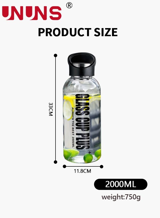 Glass Water Bottle,2000ML Portable Glass Drinking Bottle With Handle And Tea Leaks,With Protection Sleeve,BPA Free