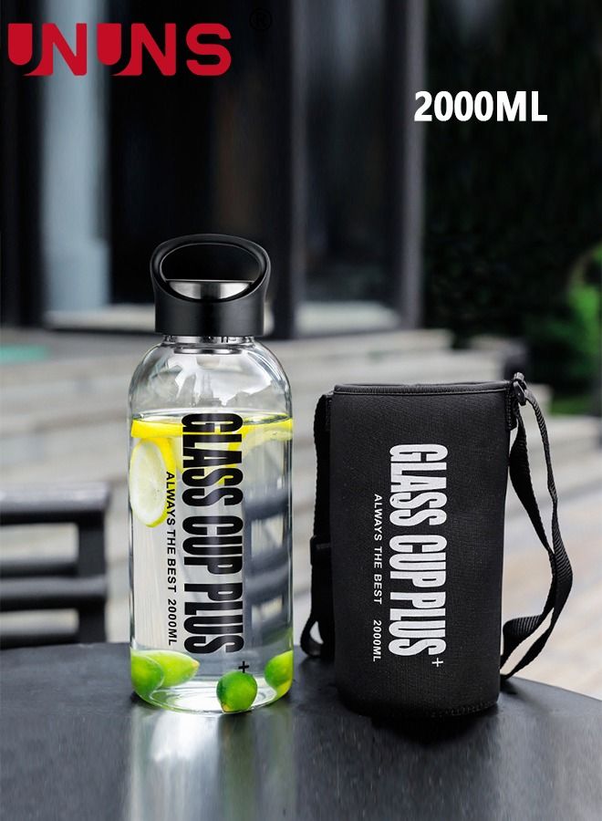 Glass Water Bottle,2000ML Portable Glass Drinking Bottle With Handle And Tea Leaks,With Protection Sleeve,BPA Free