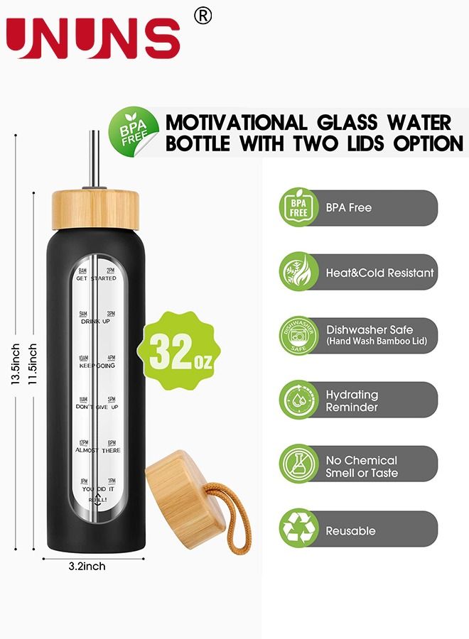 1L Motivational Glass Water Bottle with Time Marker & Silicone Sleeve &  Straw & Bamboo Lids & Fruit Infuser , Leak Proof Reusable BPA Free Motivational Drinking Jug Water Jug