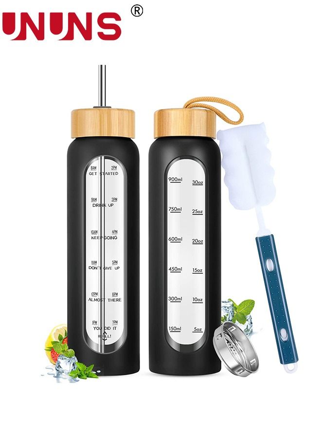 1L Motivational Glass Water Bottle with Time Marker & Silicone Sleeve &  Straw & Bamboo Lids & Fruit Infuser , Leak Proof Reusable BPA Free Motivational Drinking Jug Water Jug