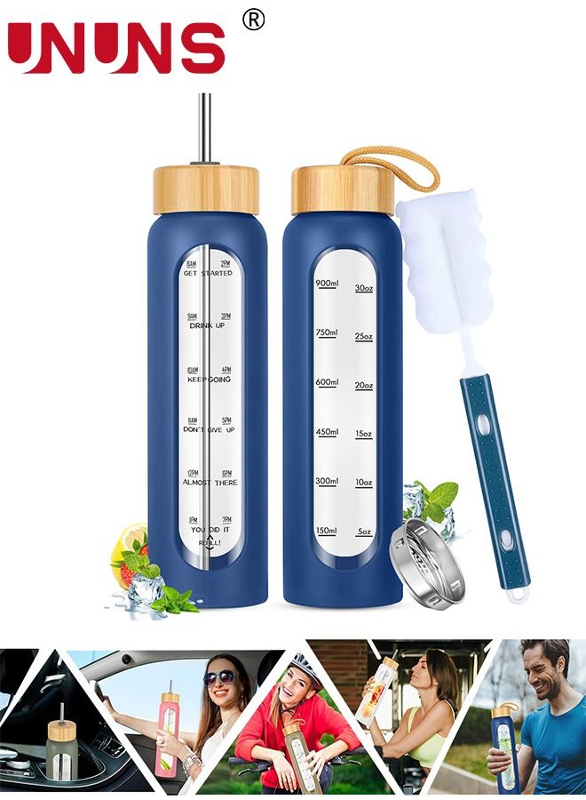 1L Motivational Glass Water Bottle with Time Marker & Silicone Sleeve &  Straw & Bamboo Lids & Fruit Infuser , Leak Proof Reusable BPA Free Motivational Drinking Jug Water Jug