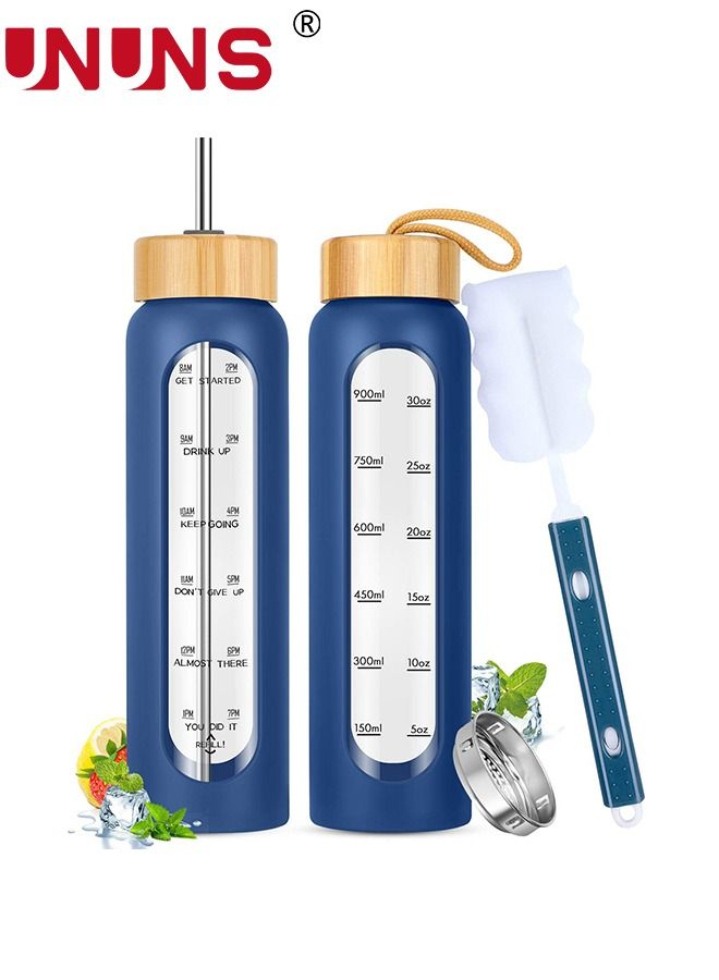 1L Motivational Glass Water Bottle with Time Marker & Silicone Sleeve &  Straw & Bamboo Lids & Fruit Infuser , Leak Proof Reusable BPA Free Motivational Drinking Jug Water Jug