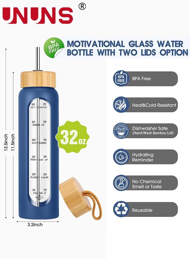 1L Motivational Glass Water Bottle with Time Marker & Silicone Sleeve &  Straw & Bamboo Lids & Fruit Infuser , Leak Proof Reusable BPA Free Motivational Drinking Jug Water Jug