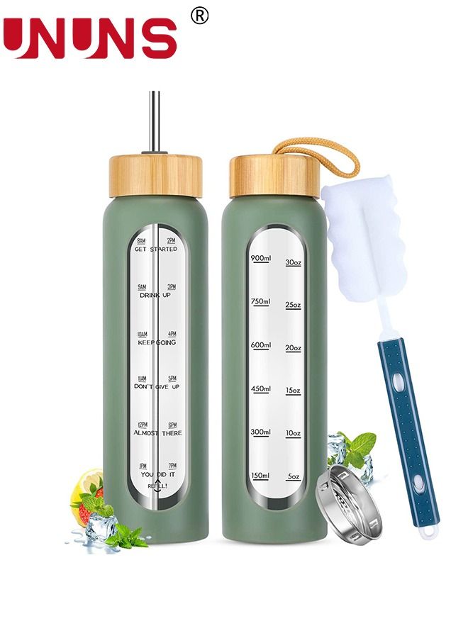 1L Motivational Glass Water Bottle with Time Marker & Silicone Sleeve &  Straw & Bamboo Lids & Fruit Infuser , Leak Proof Reusable BPA Free Motivational Drinking Jug Water Jug