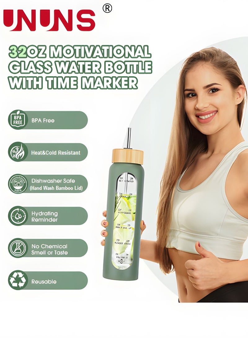 1L Motivational Glass Water Bottle with Time Marker & Silicone Sleeve &  Straw & Bamboo Lids & Fruit Infuser , Leak Proof Reusable BPA Free Motivational Drinking Jug Water Jug