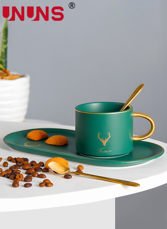 Ceramic Cup And Saucer Set,Tea Cup With Saucer And Golden Spoon,Elk Pattern Tea Breakfast Dessert Plate For Cappuccino,Latte,Cereal,Milk,Home Office Party,3 Piece,250ML,Green