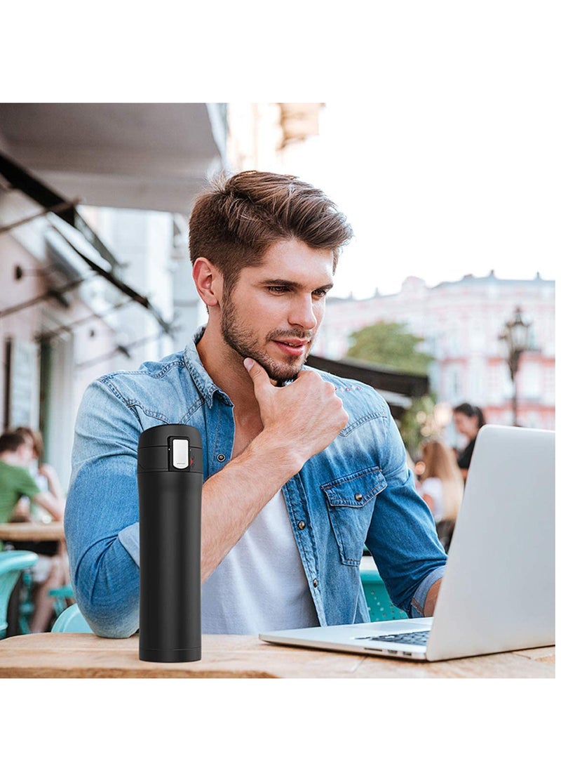 Double Walled Vacuum Flask Thermo, 450ml Stainless Steel Insulated Water Bottle, Flask for Hot and Cold Drinks, Travel Coffee Mug, Sports Water Bottle, Drinks Cup Black