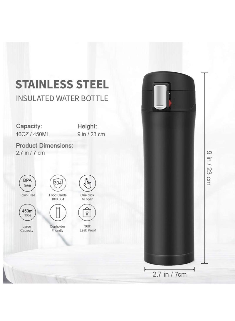Double Walled Vacuum Flask Thermo, 450ml Stainless Steel Insulated Water Bottle, Flask for Hot and Cold Drinks, Travel Coffee Mug, Sports Water Bottle, Drinks Cup Black