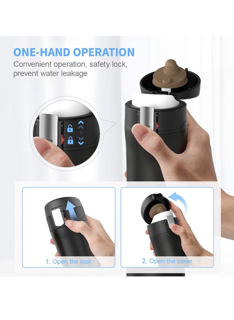 Double Walled Vacuum Flask Thermo, 450ml Stainless Steel Insulated Water Bottle, Flask for Hot and Cold Drinks, Travel Coffee Mug, Sports Water Bottle, Drinks Cup Black