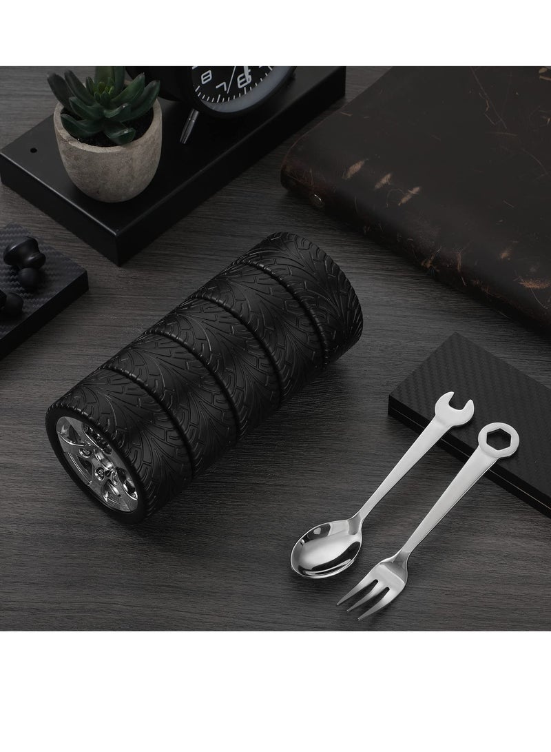 Tyre Water Bottle, Gift for The Mechanic and Car Guy, Unique Stainless Steel Water Bottle, Gift for Man Stainless Steel Coffee Tea Mug with Tool Fork and Spoon