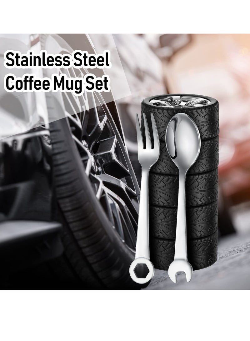 Tyre Water Bottle, Gift for The Mechanic and Car Guy, Unique Stainless Steel Water Bottle, Gift for Man Stainless Steel Coffee Tea Mug with Tool Fork and Spoon