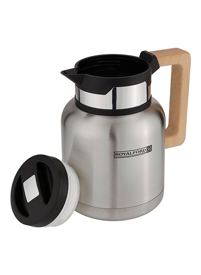 Royal Ford Stainless Steel Vacuum Jug with Wooden Handle, 1L, RF10169 | Thermal Insulated Airpot | Keep Drinks Hot & Cold up to Hours | Portable & Leak Proof Thermal Flask Silver/Beige