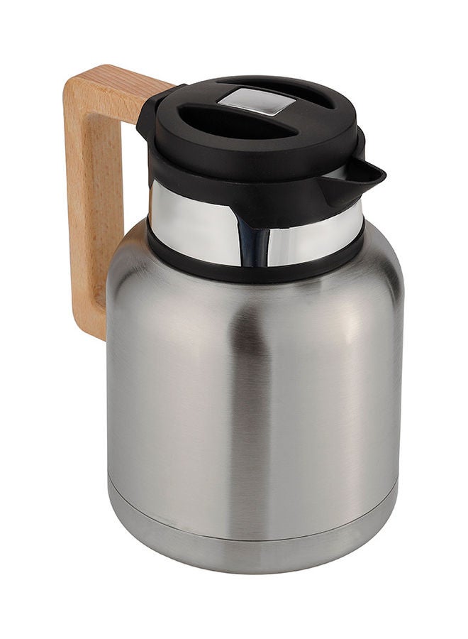 Royal Ford Stainless Steel Vacuum Jug with Wooden Handle, 1L, RF10169 | Thermal Insulated Airpot | Keep Drinks Hot & Cold up to Hours | Portable & Leak Proof Thermal Flask Silver/Beige