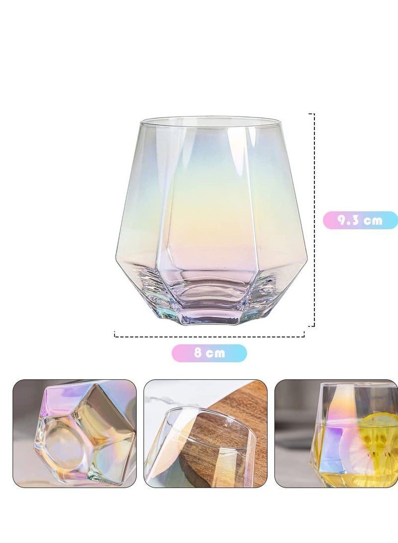 Colorful Diamond Stemless Wine Glass, 4 Piece Modern Rainbow Dazzling Frosted Hexagonal Glass Water Gold Whiskey Home Milk For Holding White Wine, Red Etc.