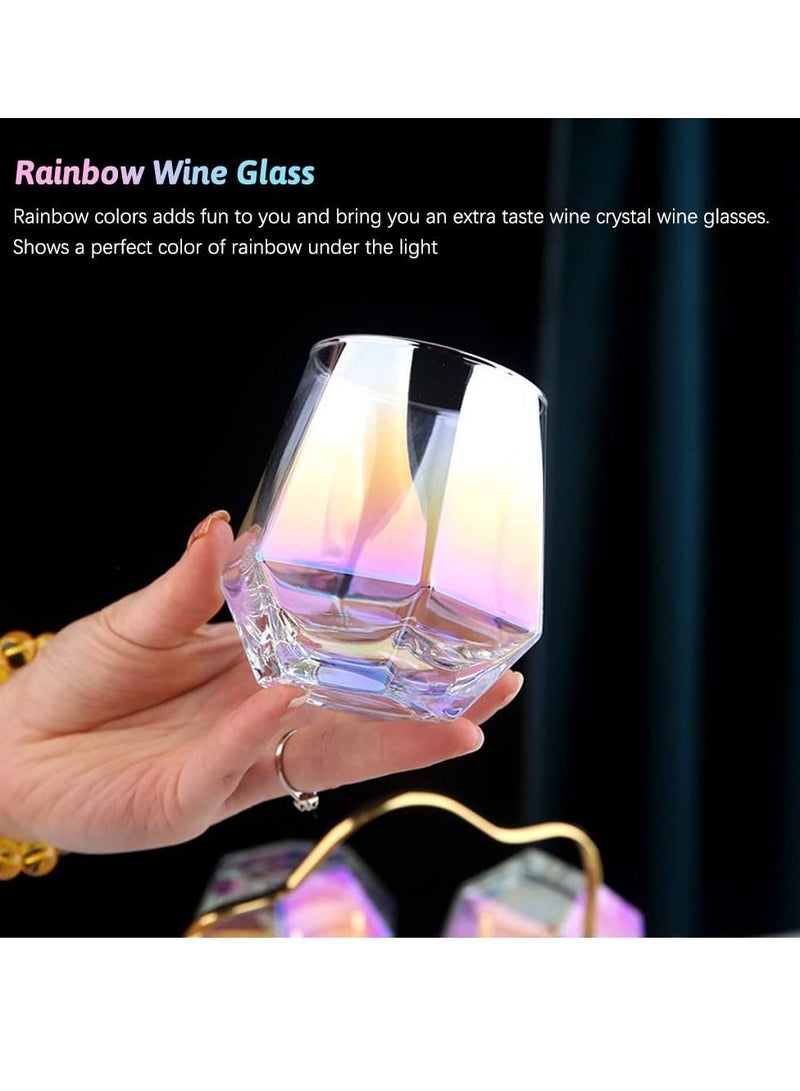 Colorful Diamond Stemless Wine Glass, 4 Piece Modern Rainbow Dazzling Frosted Hexagonal Glass Water Gold Whiskey Home Milk For Holding White Wine, Red Etc.