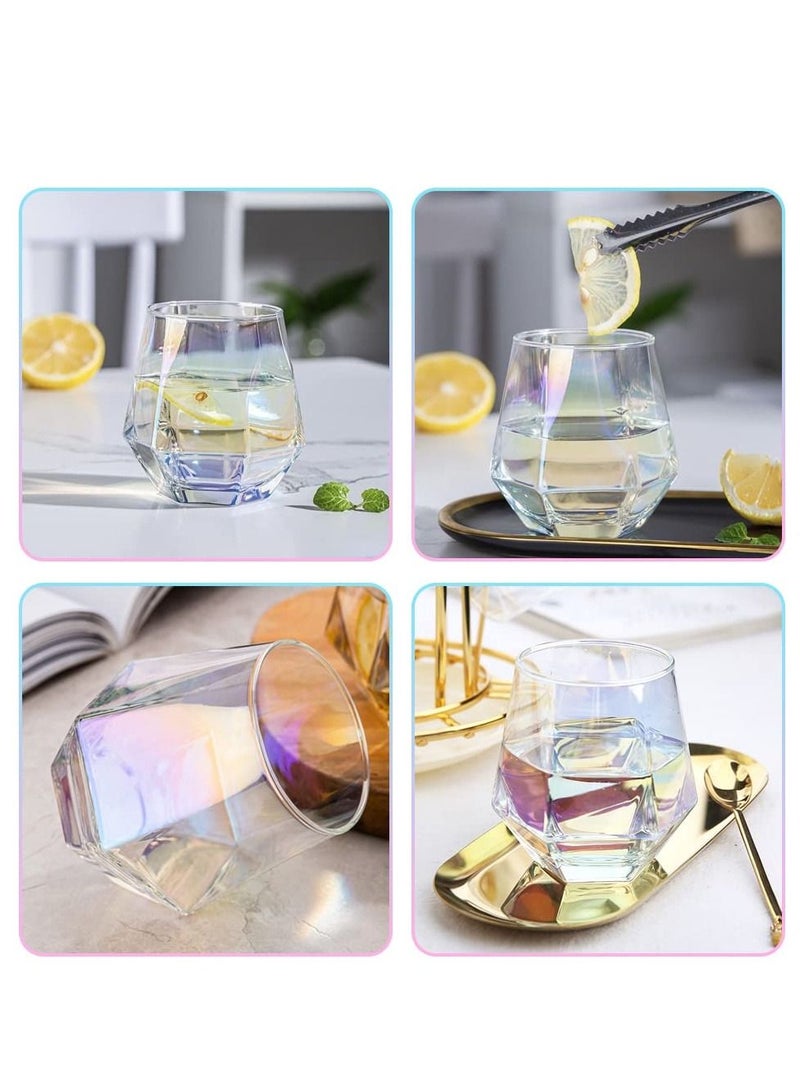 Colorful Diamond Stemless Wine Glass, 4 Piece Modern Rainbow Dazzling Frosted Hexagonal Glass Water Gold Whiskey Home Milk For Holding White Wine, Red Etc.