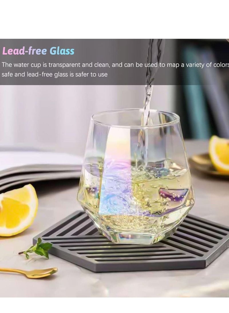 Colorful Diamond Stemless Wine Glass, 4 Piece Modern Rainbow Dazzling Frosted Hexagonal Glass Water Gold Whiskey Home Milk For Holding White Wine, Red Etc.