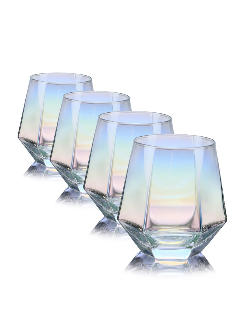 Colorful Diamond Stemless Wine Glass, 4 Piece Modern Rainbow Dazzling Frosted Hexagonal Glass Water Gold Whiskey Home Milk For Holding White Wine, Red Etc.