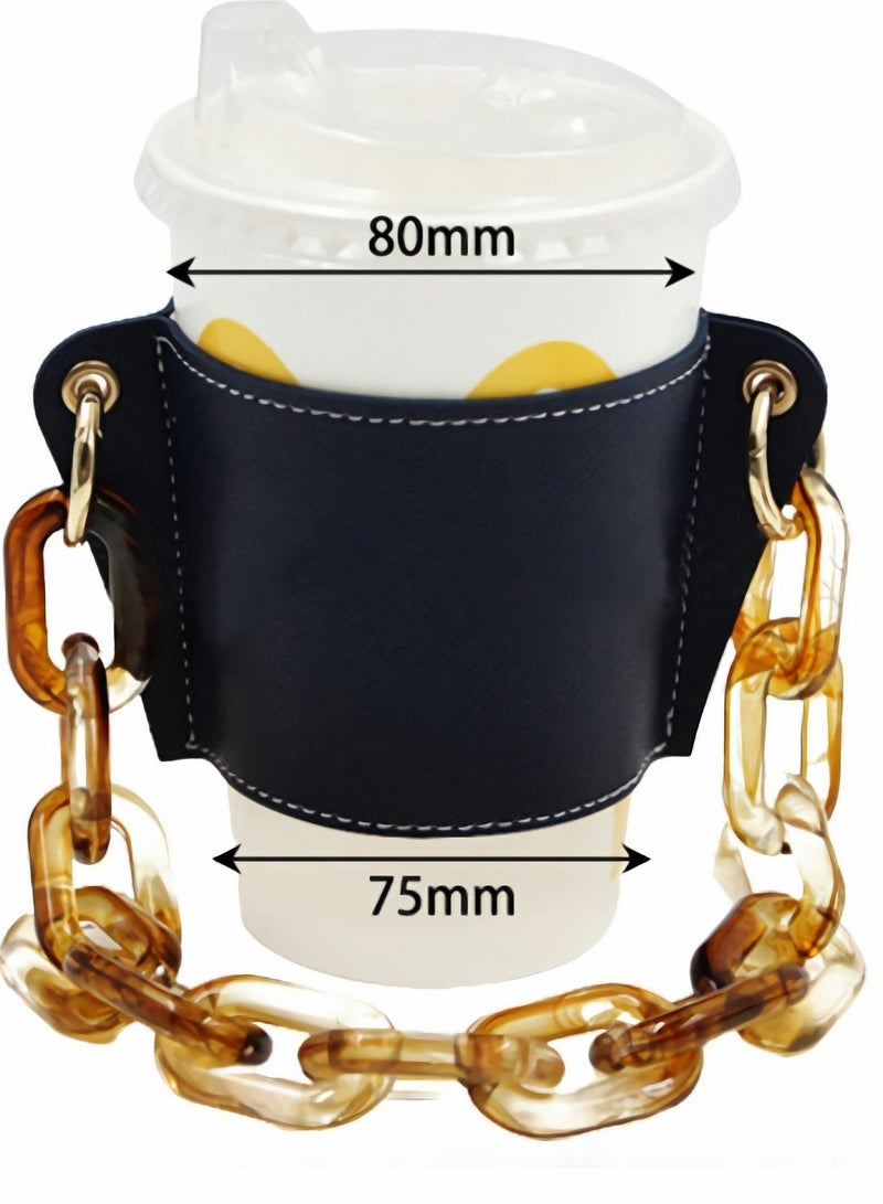 Reusable Coffee Cup Holder, Portable Chain Leather Handy Water Holder for Cold and Hot Drinks Lovers Gifts Women (Black)