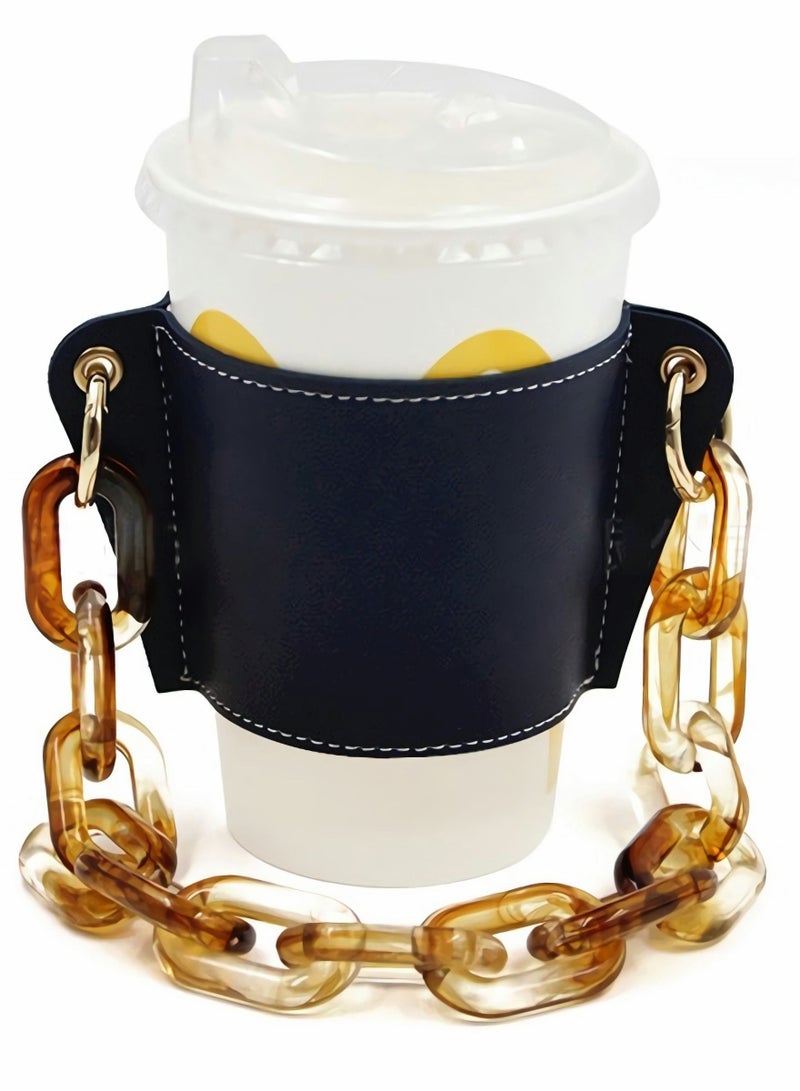 Reusable Coffee Cup Holder, Portable Chain Leather Handy Water Holder for Cold and Hot Drinks Lovers Gifts Women (Black)