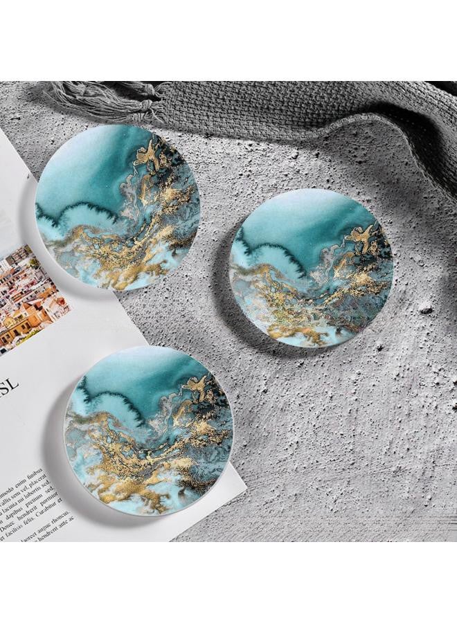 Set of 4 Marble Pattern Coasters - Round Drink Absorbent Stone Coasters Set with Ceramic Stone and Cork Base Tabletop Protector for Various Cups (Blue)