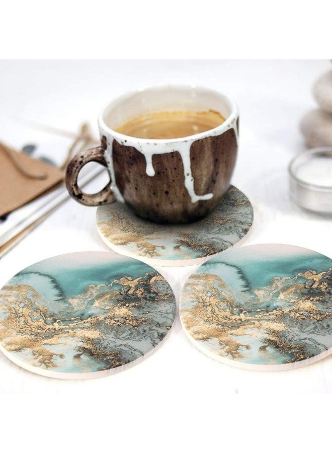 Set of 4 Marble Pattern Coasters - Round Drink Absorbent Stone Coasters Set with Ceramic Stone and Cork Base Tabletop Protector for Various Cups (Blue)