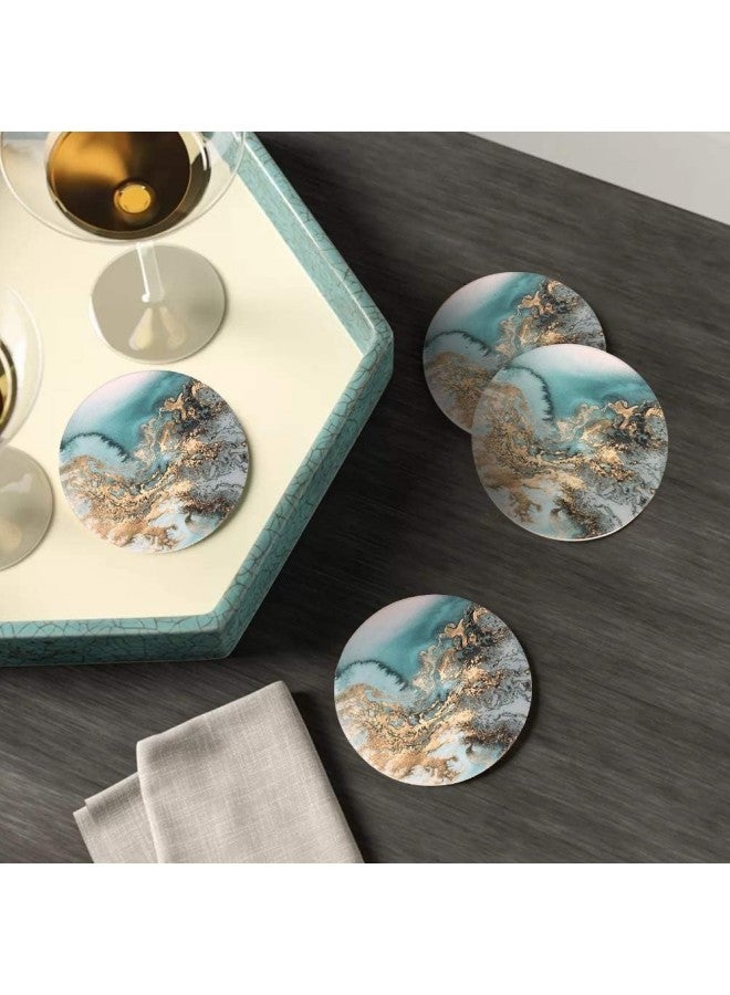 Set of 4 Marble Pattern Coasters - Round Drink Absorbent Stone Coasters Set with Ceramic Stone and Cork Base Tabletop Protector for Various Cups (Blue)