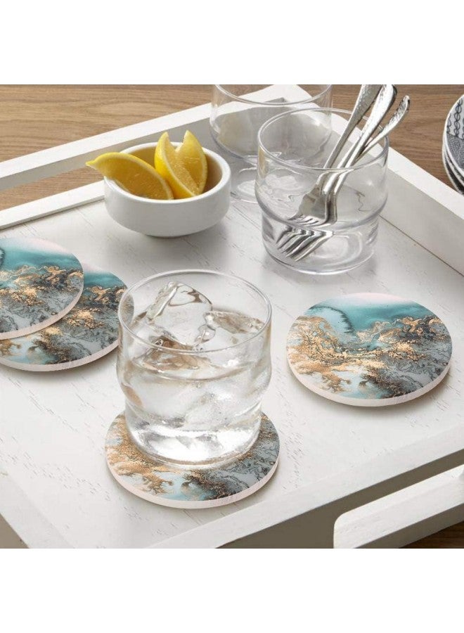 Set of 4 Marble Pattern Coasters - Round Drink Absorbent Stone Coasters Set with Ceramic Stone and Cork Base Tabletop Protector for Various Cups (Blue)