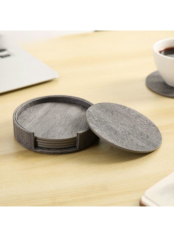 6-piece set of PU drink coasters with stand, 10cm diameter table protector set, bar kitchen home apartment tabletop decoration decoration (grey)