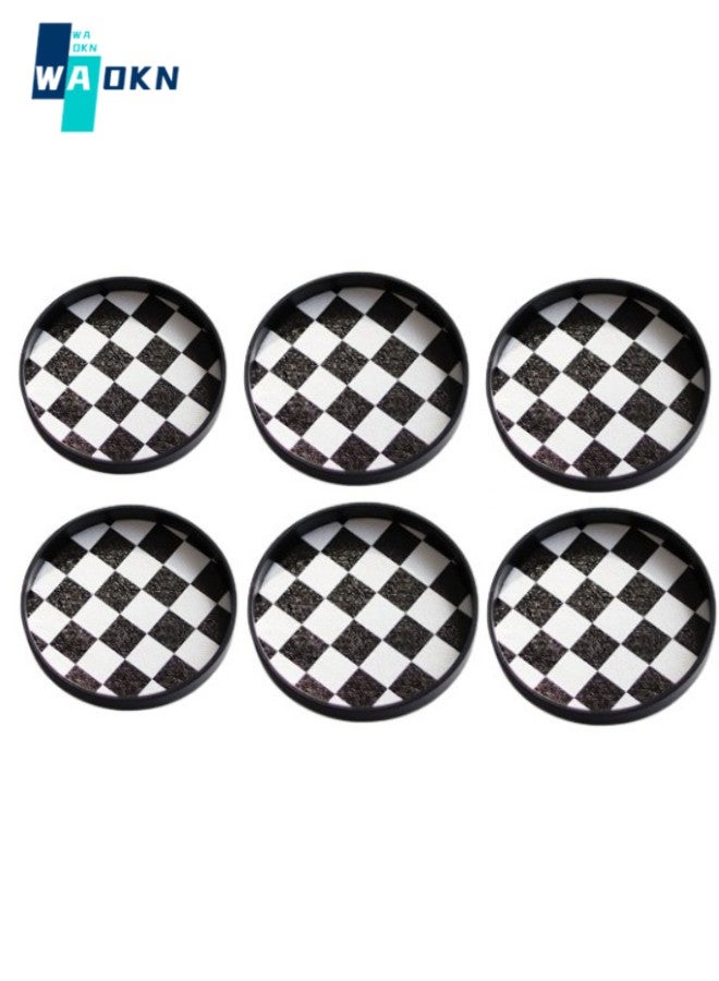 Set of 6 Anti-spill Drink Coasters, Round Edge Raised Table Protectors, Checkerboard Design Table Decoration, Cold Drink Coffee and Tea Cup Protectors (Black and White)