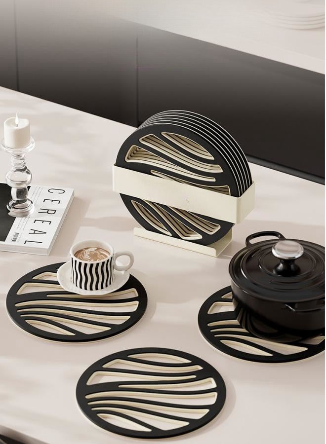 6-piece Set of PP+TPE Coasters, Hollow Design Wooden Table Drink Coasters, Black Anti-slip Tea Coasters Set, Double-layer Plastic Insulation Pads