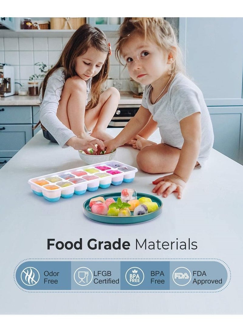 Ice Cube Trays, Easy-Release Silicone and Flexible 14-Ice Trays with Spill-Resistant Removable Lid, BPA Free Stackable Durable for Beverage Baby Food, Freezer ( 4 Pack, Blue )