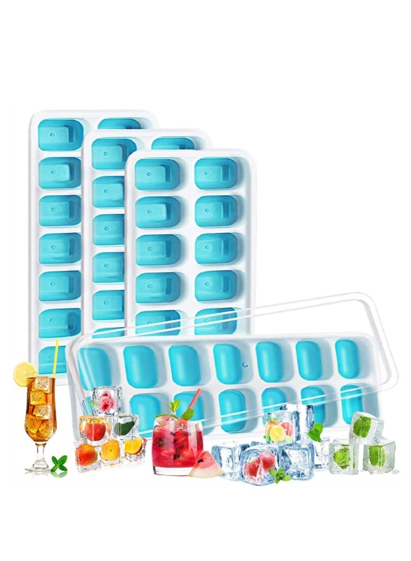 Ice Cube Trays, Easy-Release Silicone and Flexible 14-Ice Trays with Spill-Resistant Removable Lid, BPA Free Stackable Durable for Beverage Baby Food, Freezer ( 4 Pack, Blue )