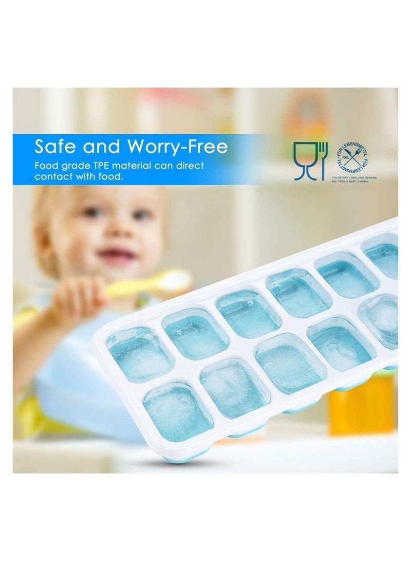 Ice Cube Trays, Easy-Release Silicone and Flexible 14-Ice Trays with Spill-Resistant Removable Lid, BPA Free Stackable Durable for Beverage Baby Food, Freezer ( 4 Pack, Blue )