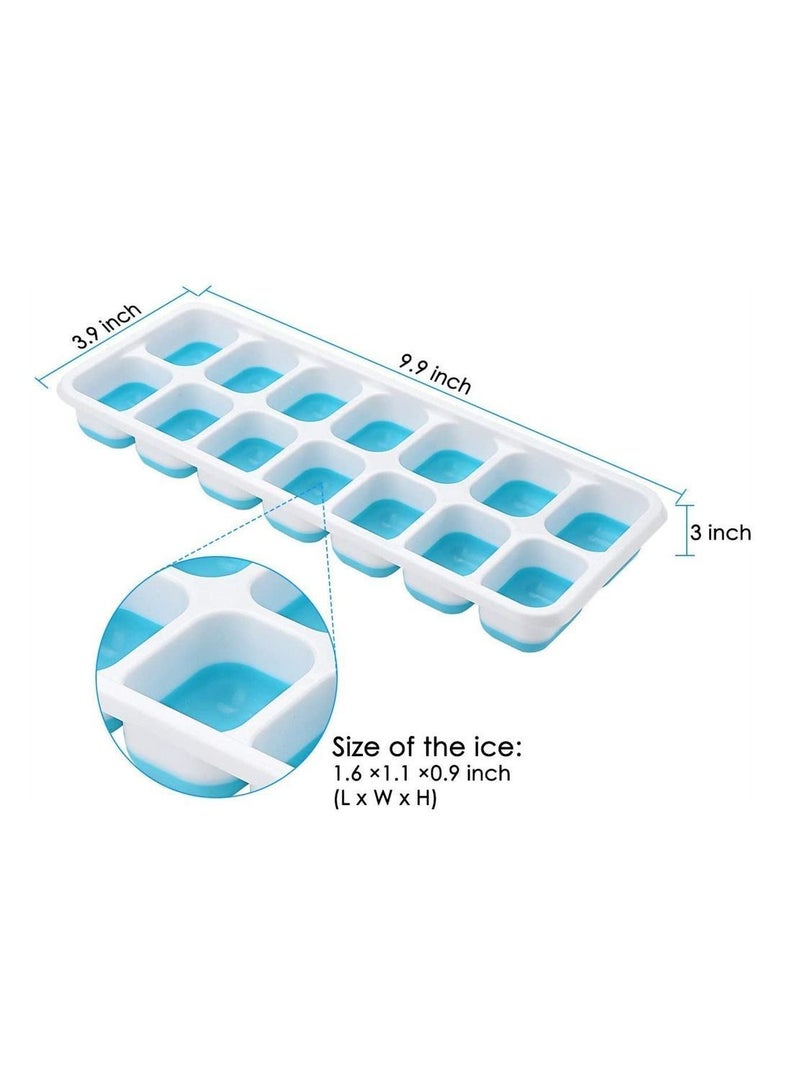 Ice Cube Trays, Easy-Release Silicone and Flexible 14-Ice Trays with Spill-Resistant Removable Lid, BPA Free Stackable Durable for Beverage Baby Food, Freezer ( 4 Pack, Blue )