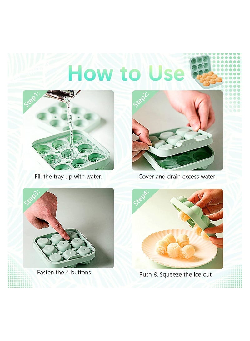 9 Hole Silicone Rose Ice Cube Mold Ball Maker with Lid Sphere Tray Mold Container For Cooling Whiskey Cocktail Juice Green